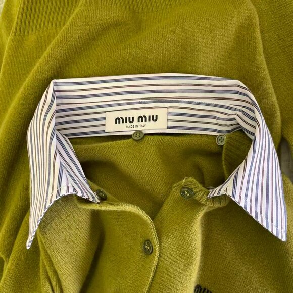 Miu Miu striped-collared knitted-logo cashmere cardigan - Picture 12 of 14